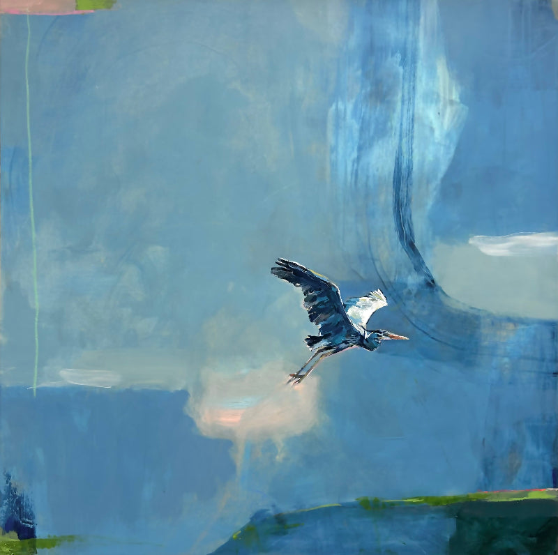 Painting of a heron flying against a blue sky with abstract elements