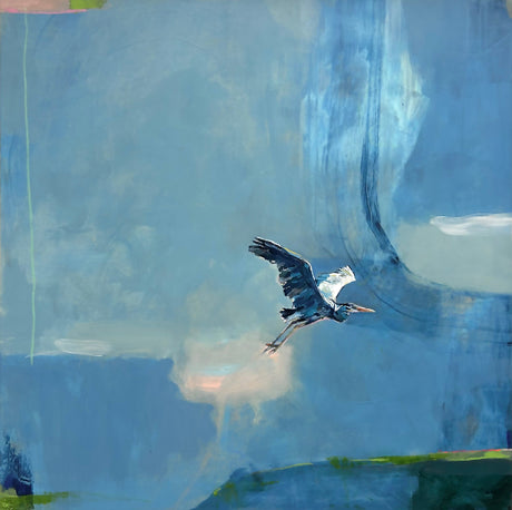 Painting of a heron flying against a blue sky with abstract elements
