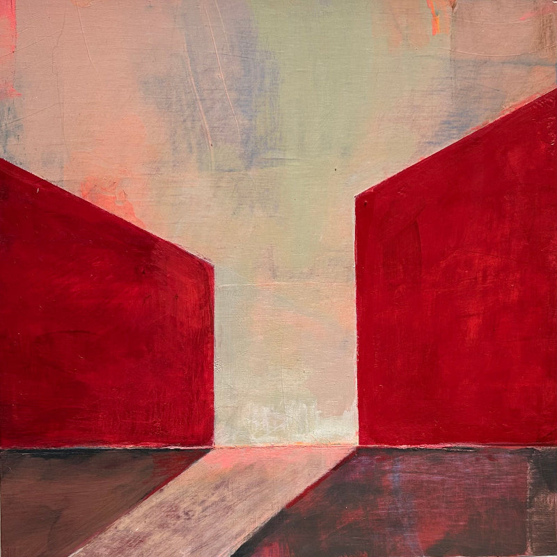 Abstract painting with shapes suggest structures– homes, passageways, and horizons. The color pallet of deep red of a tricycle