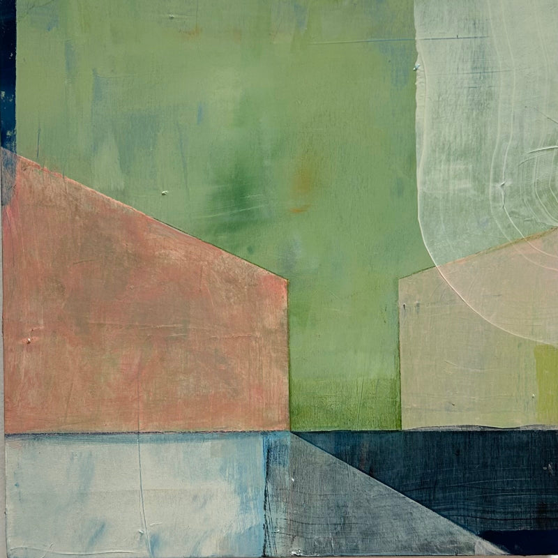 Abstract painting with shapes suggest structures– homes, passageways, and horizons. The color pallet of green, yellow, pink and blue