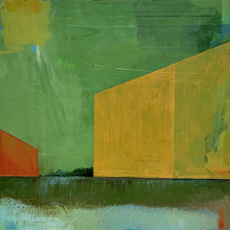 Abstract painting with shapes suggest structures– homes, passageways, and horizons. The color pallet of green and yellow and orange.