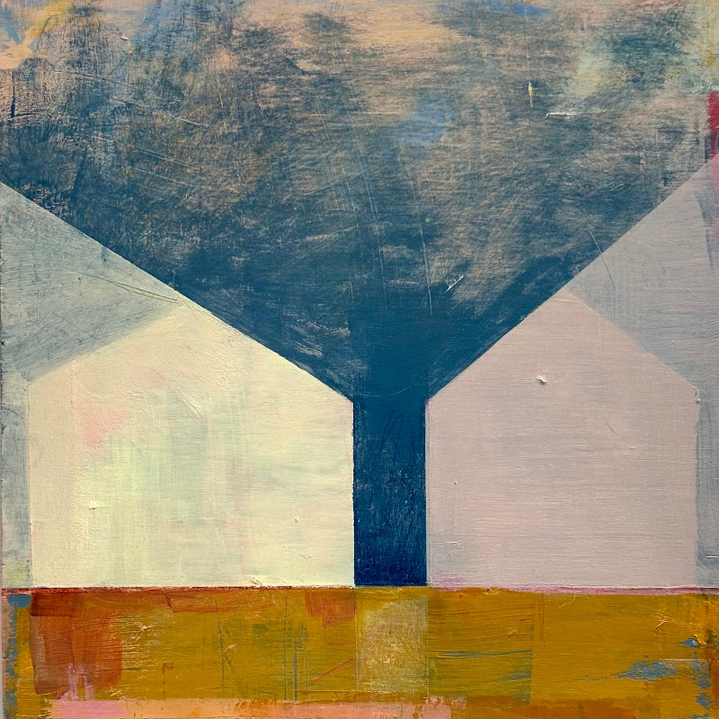 Abstract painting with shapes suggest structures– homes, passageways, and horizons. The color pallet of blue and yellow and pink lemonade.