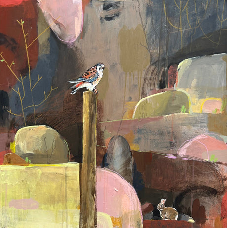 Abstract painting with a hawk perched on a pole with a rabbit nearby in earthy tones