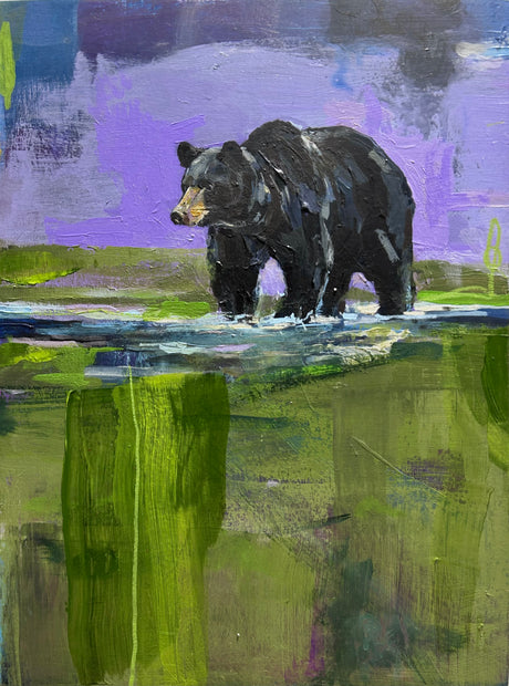 The Crossing. A bear in water painted in a color field landscape background that is also representative of a sense of place. Artist Michael McConnell