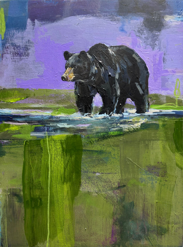 The Crossing. A bear in water painted in a color field landscape background that is also representative of a sense of place. Artist Michael McConnell