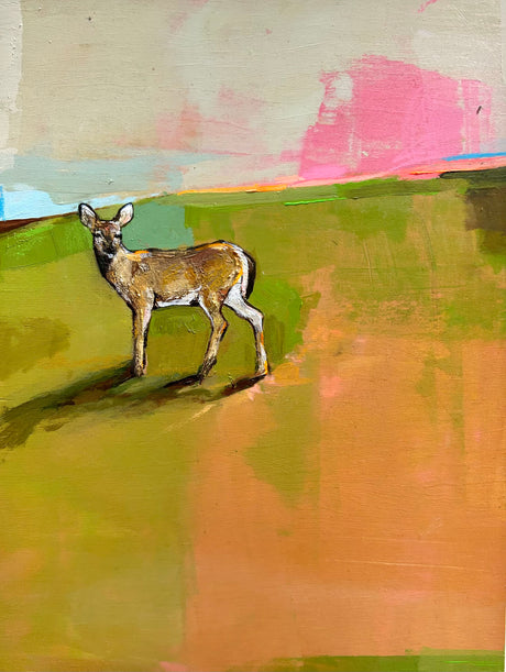 The Stillness of Sunrise. A darling doe in a color field landscape. Artist Michael McConnell creates relationships within the color palette, taking interest in how colors can provoke a mood, a feeling, or a sense of place.