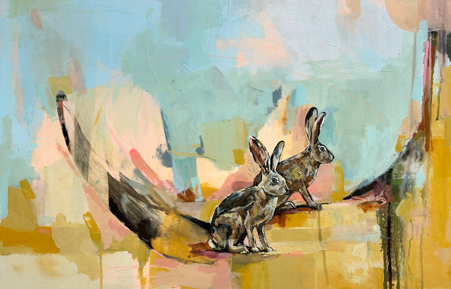 Thick as Thieves. A pair of hares painted in a loose abstracted background that implies a sense of space or environment for the subjects to reside in.