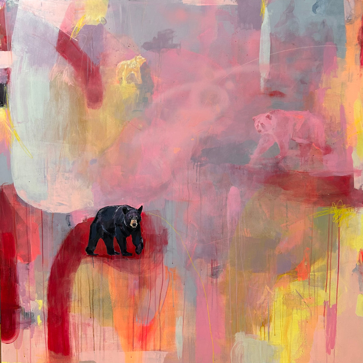 Voyage Into the Pink. A new directon. A bear and echoes of bears in a red and pink color field landscape by Artist Michael McConnell