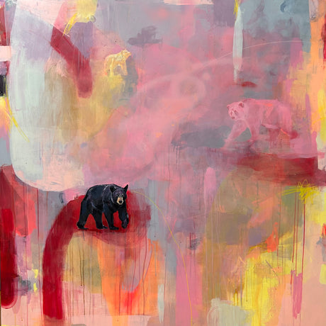Voyage Into the Pink. A new directon. A bear and echoes of bears in a red and pink color field landscape by Artist Michael McConnell