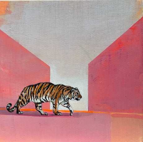The Bridge Between. A tiger on the move in a yellow color field landscape that is also representative of a sense of place. By artist Michael McConnell