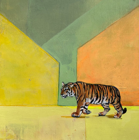 The Bridge Between. A tiger on the move in a yellow color field landscape that is also representative of a sense of place. By artist Michael McConnell