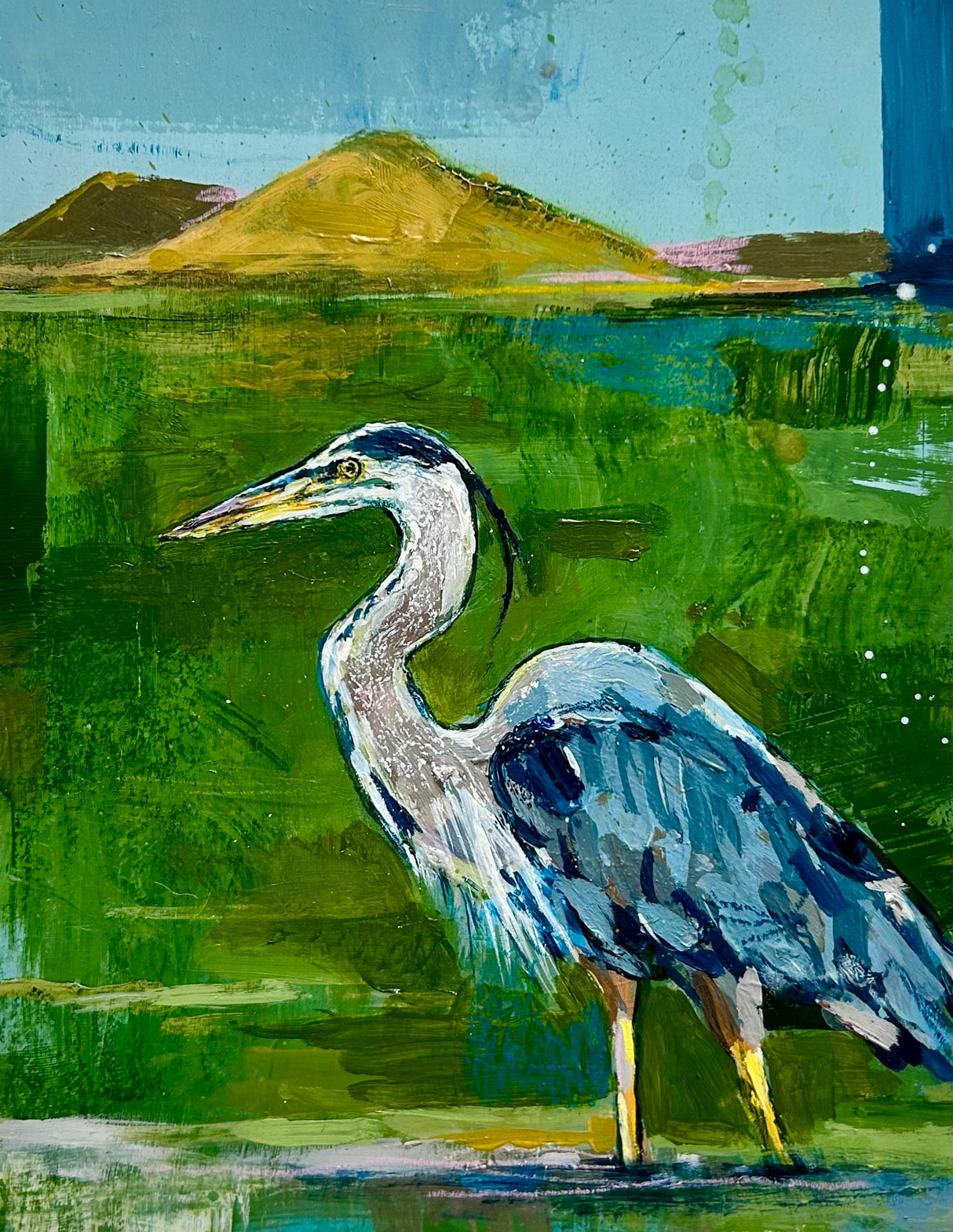 Painting of a heron standing in water with Mt Tam in the background