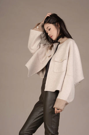 Mute by JL Batwing Sleeves Car Coat in Vicuna and Merino Wool Blend. A stylish laid-back attitude with pants and boots!
