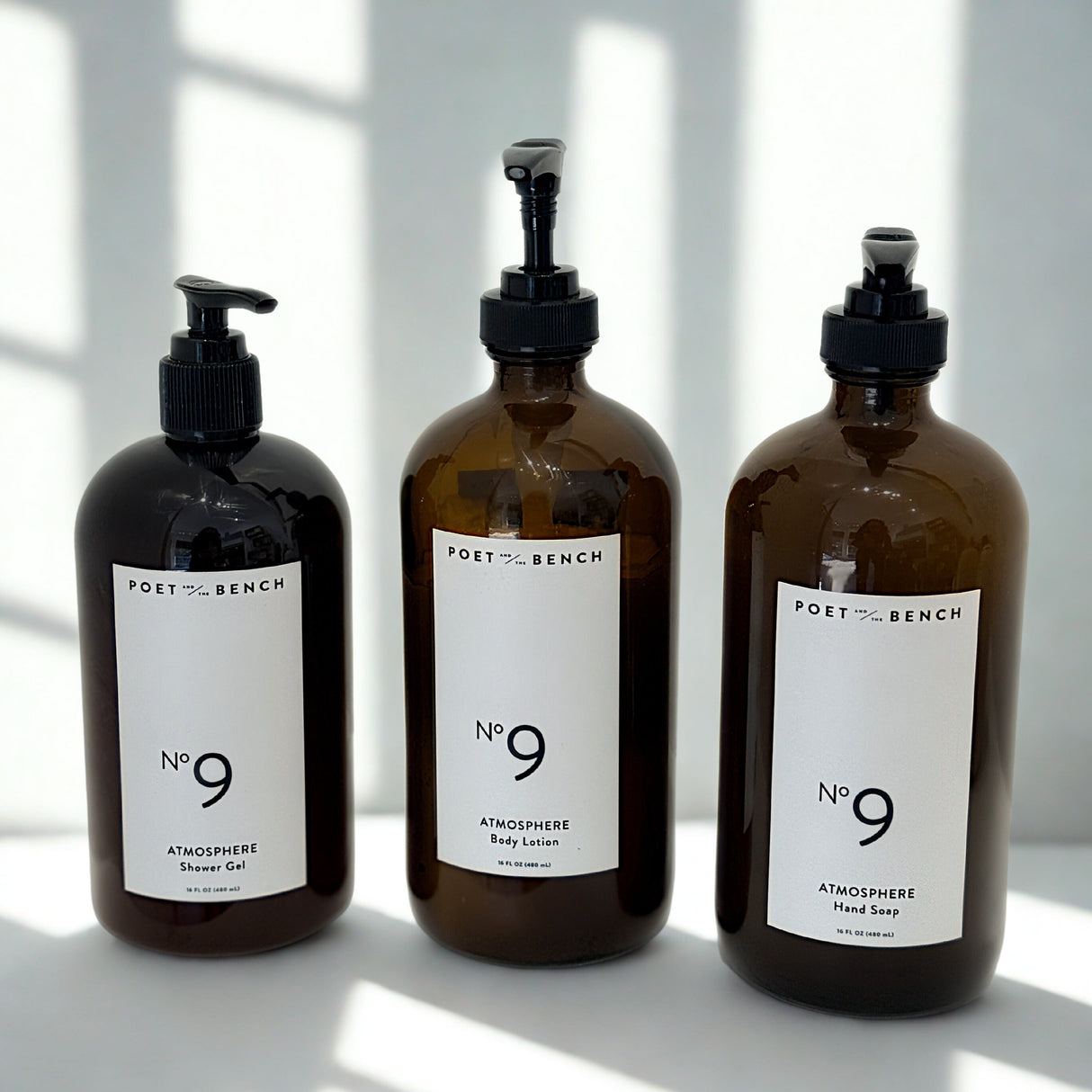 Group photo of Poet and the Bench No 9 Shower Gel, Body Lotion and Hand Soap.