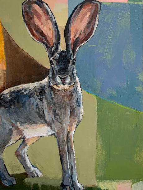 See Me. A hare painted in an abstract landscape background giving it a sense of space and place.