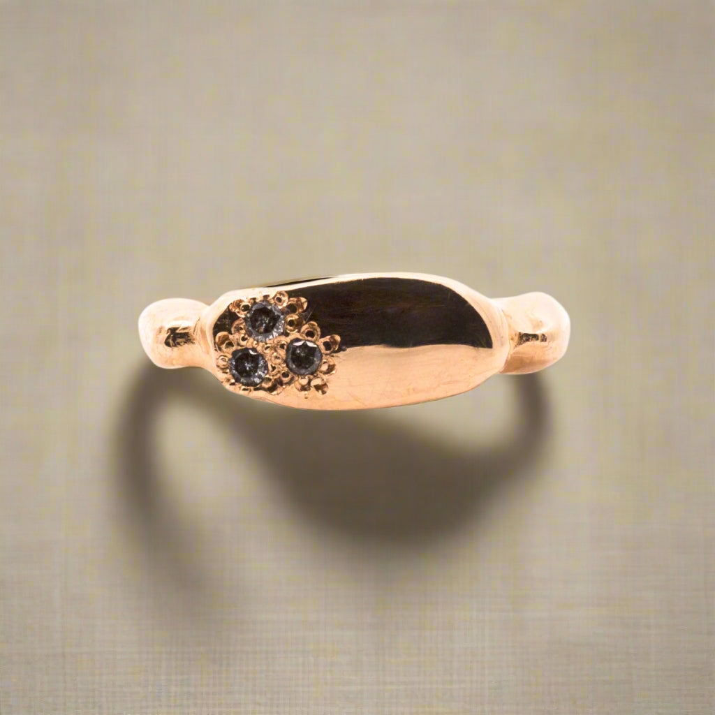 The salt and pepper diamonds in the Maeva melty signet ring, combined with the mirror 14K yellow gold finish, make a beautiful statement.