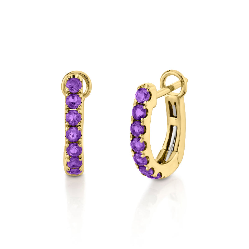 Yellow Gold Hinged huggie hoop earrings feature 7 amethyst colored gemstones in each hoop.