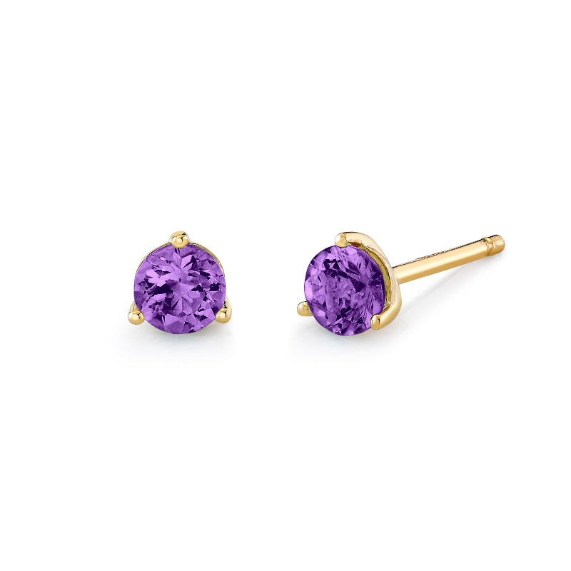 Amethyst Yellow Gold 3 Prong Stud Earrings
