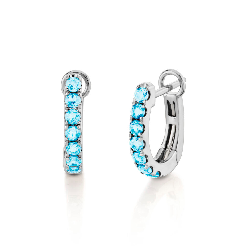 Blue Topaz Gems in White Gold Huggie Hoop Earrings