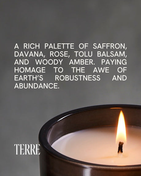 Terre Candle by Free Yourself is a rich palette of saffron, davana, rose, tolu balsam and woody amber