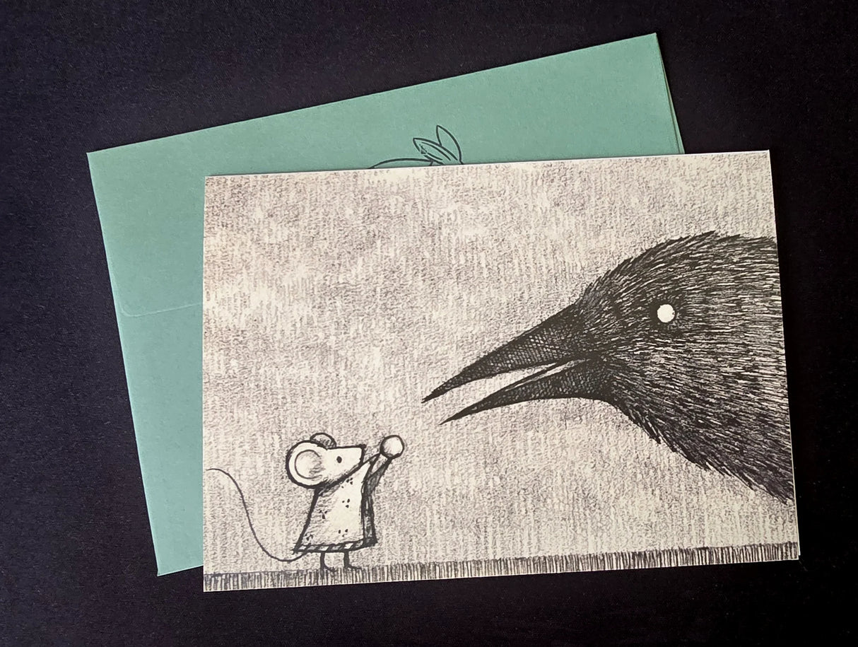 Greeting card with illustration of a mouse and a crow on a dark background