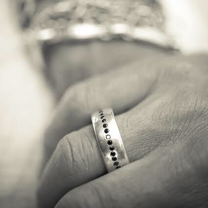 Jeffrey's hand carved style makes this perfectly imperfect unisex wide ring a stunning stacker with black diamonds.