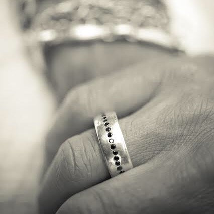 Jeffrey's hand carved style makes this perfectly imperfect unisex wide ring a stunning stacker with black diamonds. 