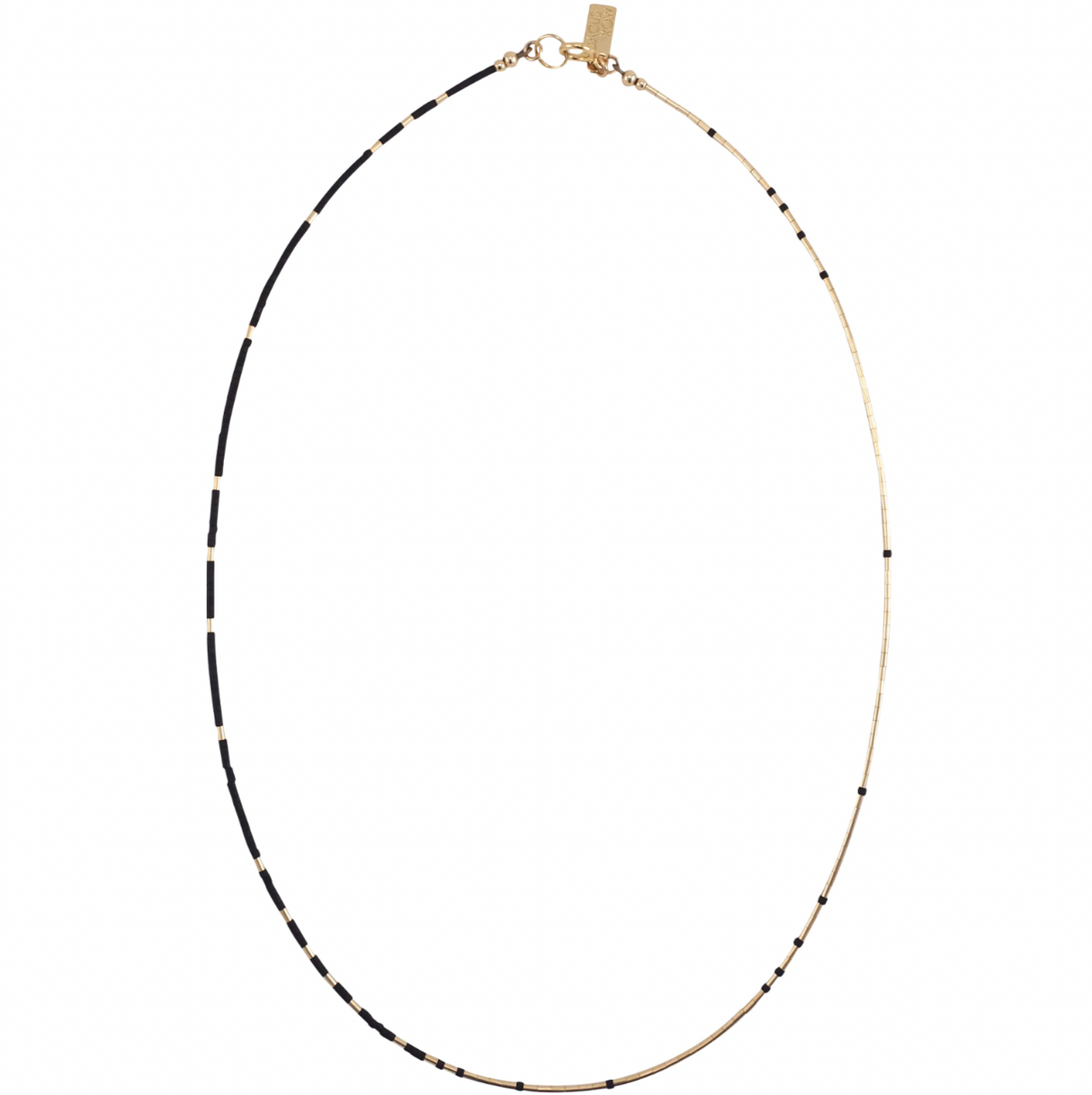 Beaded necklace with black beads and gold filled beads.