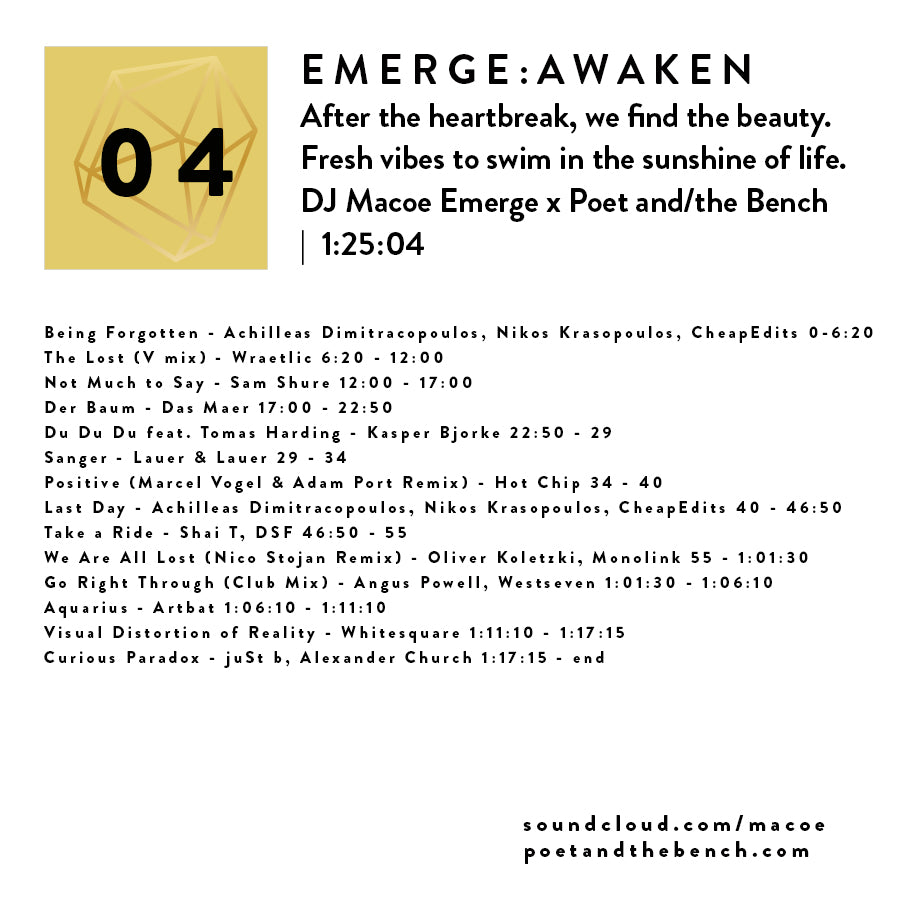 DJ Macoe x Poet and/the Bench Music Mixtape Emerge : Awaken Song list, Cheap Edits, Wraetlic, Sam Shure, Das Maer, Kasper Bjorke, Lauer, Hot Chip, Shai T, Oliver Koletski, Artbat, Whitesquire, Alexander Church