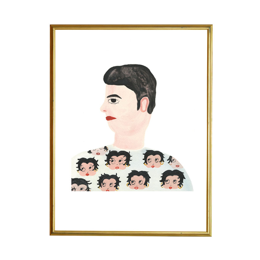 There's also the appearance of strange antique toys, of which Grace Estrada has a vast collection and which occasionally appear in her work. Like this fashionable Betty Boop tee.