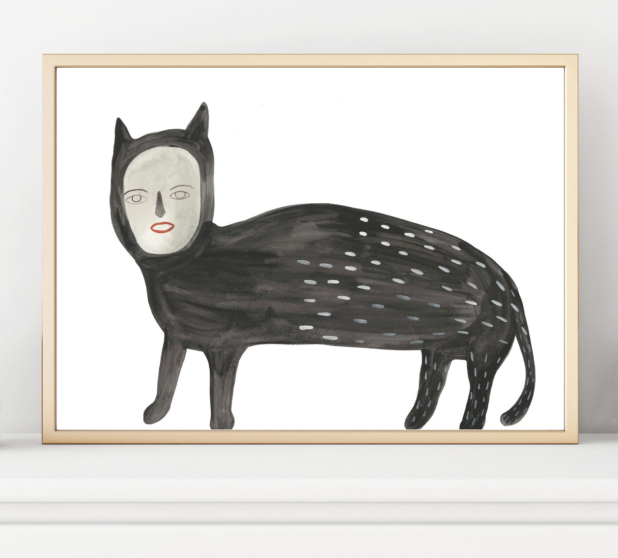 Black Cat in her truest selfie. In her paintings, Grace Estrada pursues themes such as memory, nostalgia, portraiture, loss and bizarre narratives that make sense sometimes. We like it. Shown framed as an example. Sold unframed.