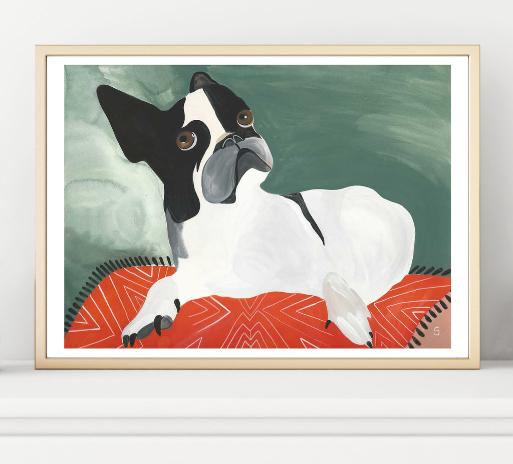 Noile the Dog owns the room. Fall in love with this American Gentleman. Shown framed. 