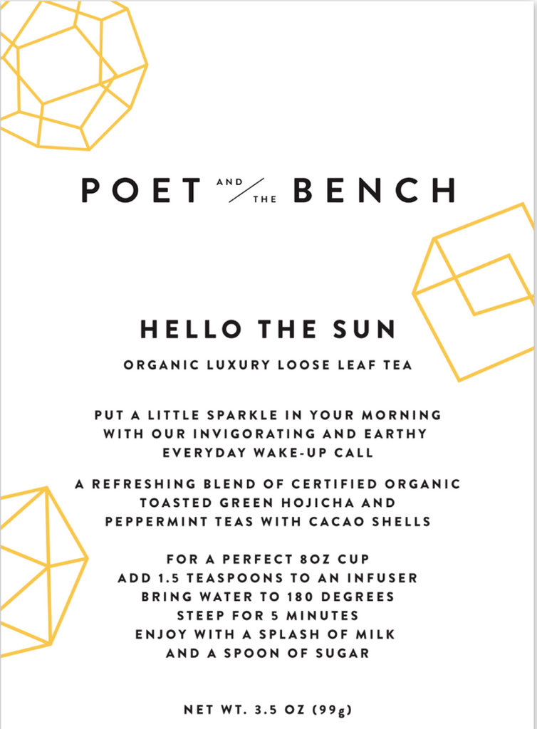 Hello the Sun is an aromatic blend of certified organic loose leaf hojicha and peppermint leaf tea and cacao shells. 