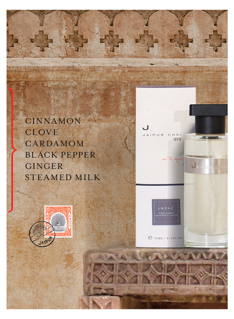 The sophisticated gourmand notes of Ineke's newest scent inspired by the Pink City combines an artfully balanced blend of spices, subtle rose notes, balancing woods, and a soft suede note that is like a refined punctuation mark.