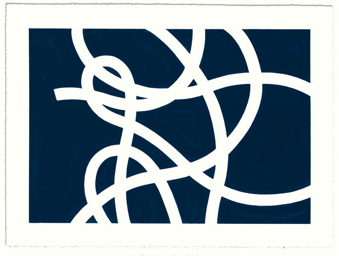 Jeffrey Palladini's Thread Series #2, Blue Almost Black, is his part of his most recent thesis and an exploration across materials. In this brand new work, the random looping and twisting patterns of a dropped length of twine are a seductive metaphor for the way we get from our aims and dreams to the outcomes. Sold unframed.