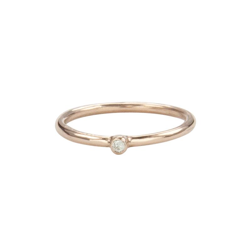 Jeffrey Levin Super Skinny stacking ring in 14K rose gold with single stone white diamond is delicate and designed for stacking.