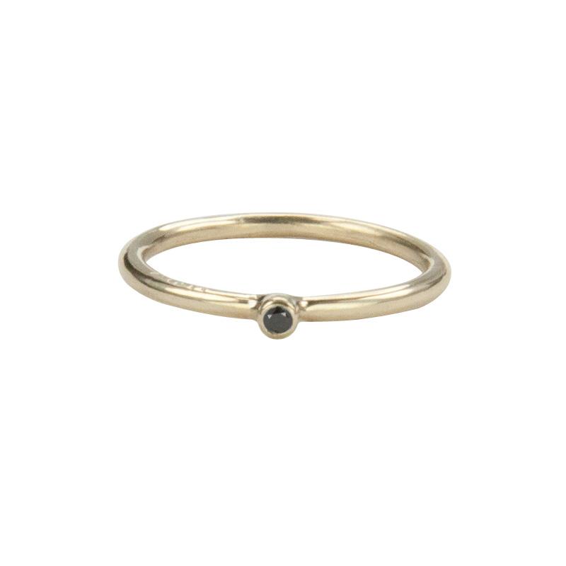 Jeffrey Levin Super Skinny stacking ring in 14K yellow gold with single stone black diamond is delicate and designed for stacking.