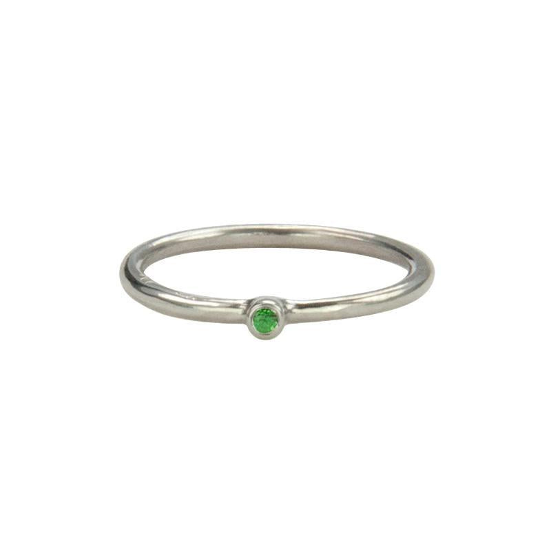 Jeffrey Levin Super Skinny stacking ring in 14K white gold with single stone tsavorite (green garnet) is delicate and designed for stacking.