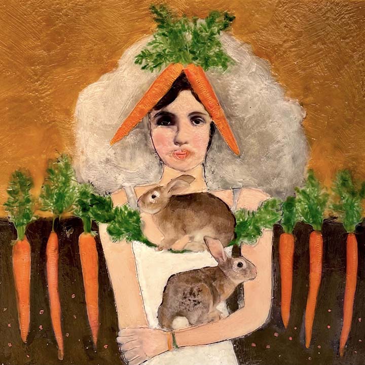 Linda pulls from the 20's and 30's, anything French and in this Encaustic Mixed Media series, fantastical noble women. We love Princess Bun Bun with her carrot headpiece and veil and delightful bunny rabbits.