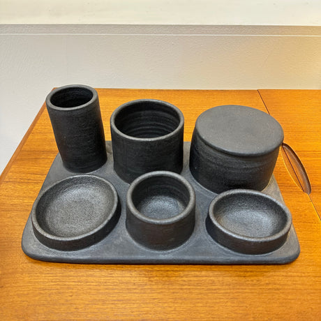 Hand built ceramic organizer tray with various sized containers; some have lids and others do not. Store your everyday things. Kitchen, bathroom, bedroom, vanity, office.