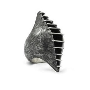 When you like a bold big ring... This dramatic elongated pod of polished bands of silver wire are constructed over a heavily etched silver container which opens slightly, revealing an oxidized interior. Angle view.