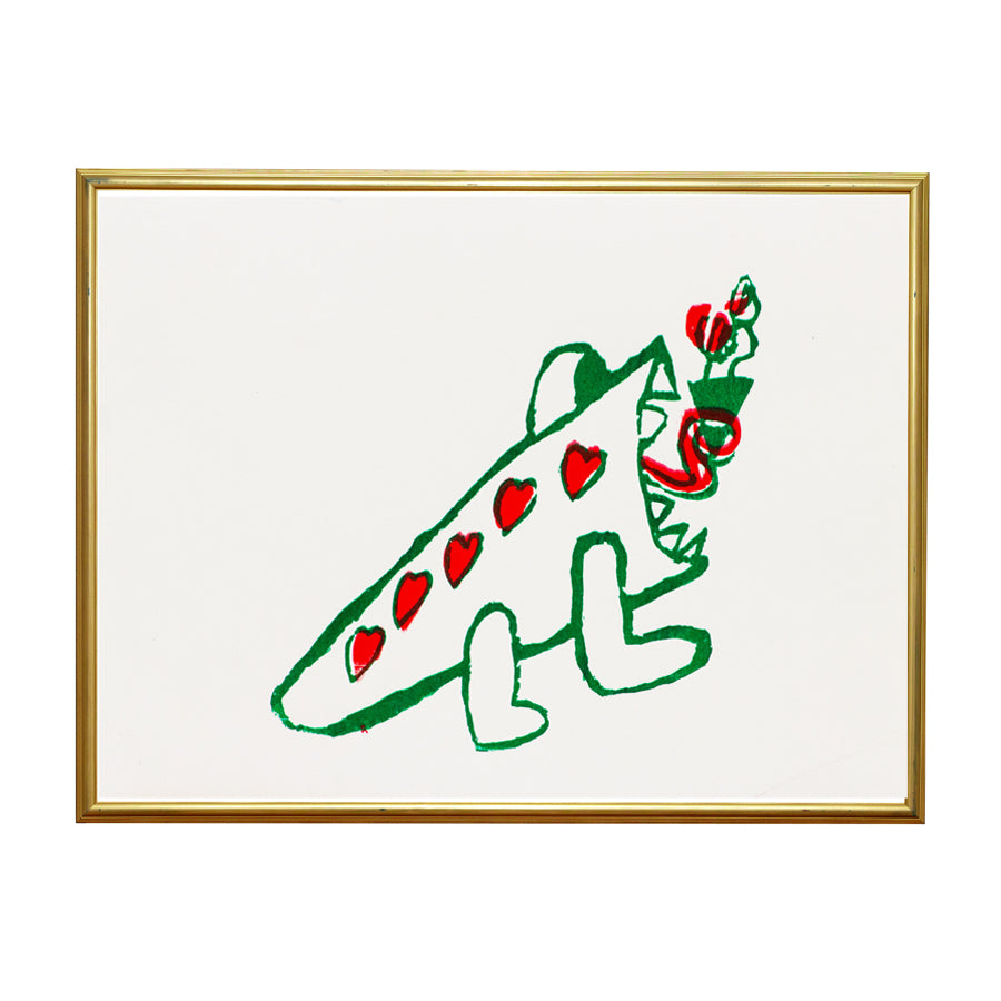 Individually screen printed by artist Michael Cheney, his Gary in Love dinosaur drawing is here to spread good care and good cheer!