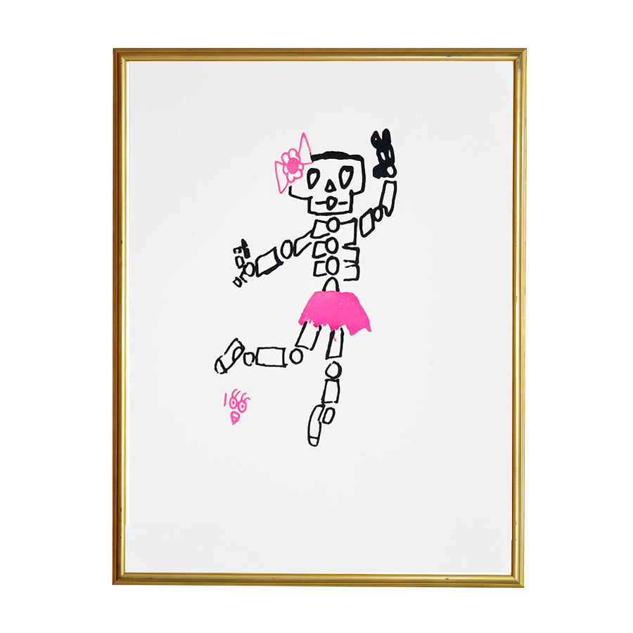 Individually screen printed by artist Michael Cheney, Ballerina Skeleton is a joyful expression of passion for dance, choreography and music– and anyone who likes to dress up in a tutu! 