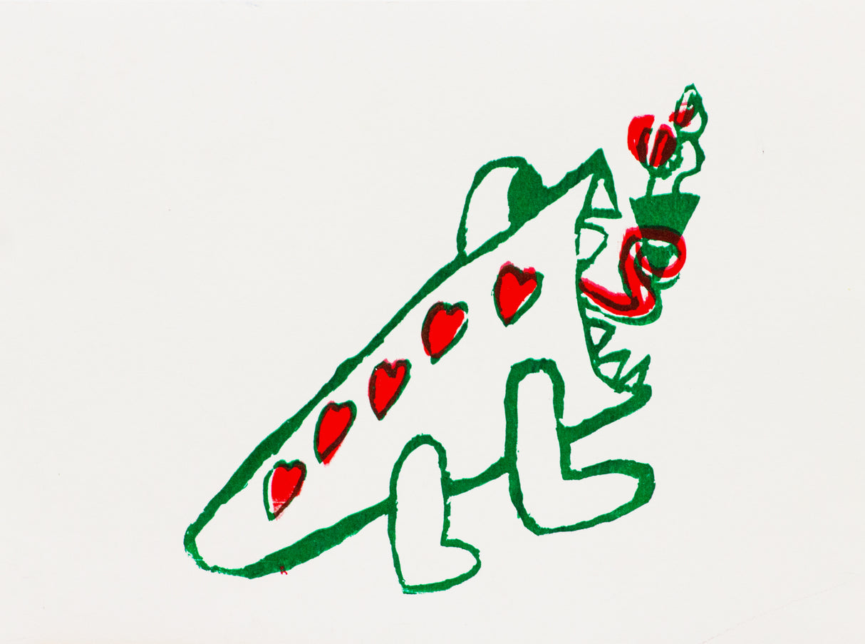 Screen printed dinosaur illustration with hearts