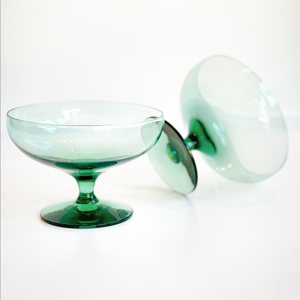 Russel Wright Champagne Coupes 1951 Teal Jewel Tones Front and Bottom View