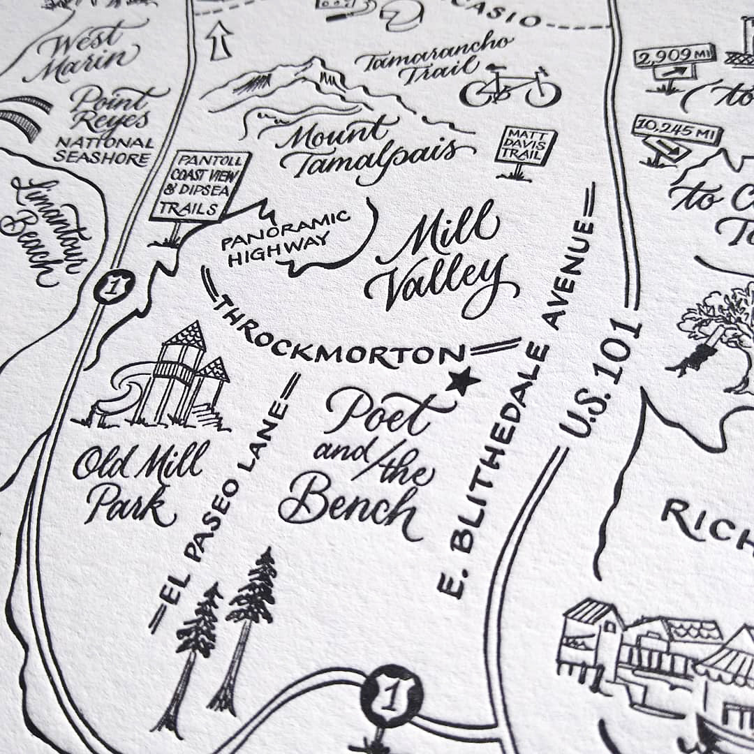 Day tripping through the North Bay to some of our fave places. This is the brand new letterpress version of our custom map of the North Bay for sale. It is stunning! This is a detail of Poet and the Bench on El Paseo Lane.