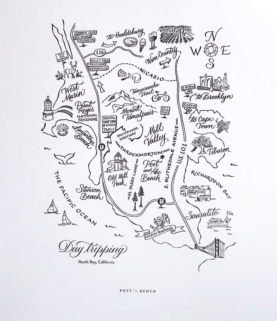 Our custom Day Tripping Map of the North Bay by Lettering Artist Sarah Hanna and Letterpress Printer Dependable Letterpress
