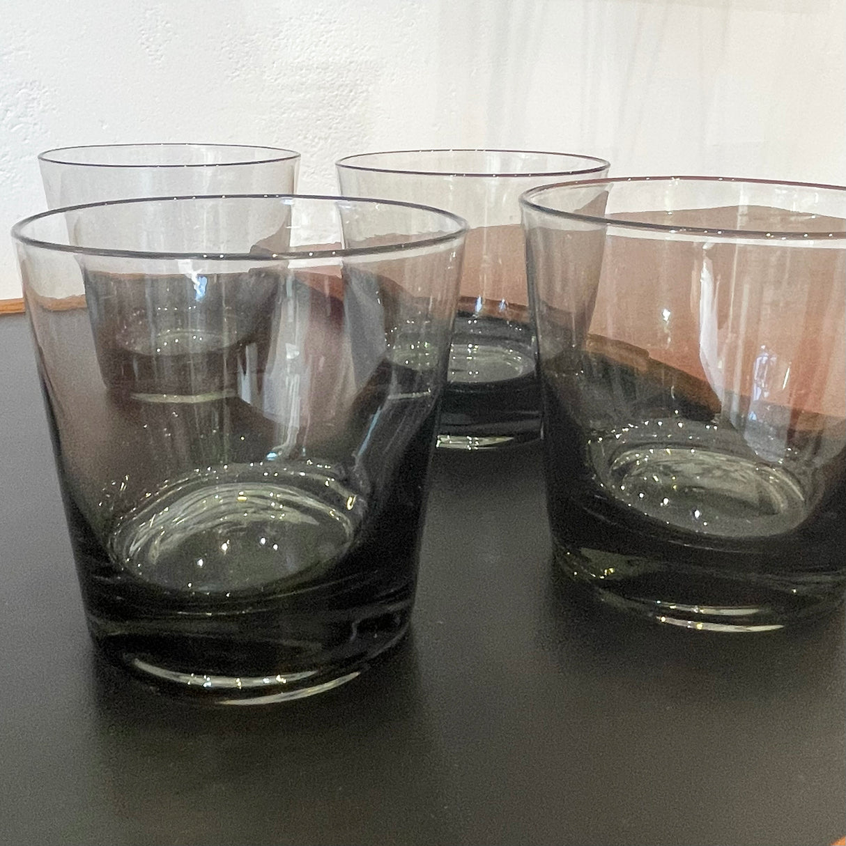 Wide mouthed smoky grey Danish lowball glasses to make that whiskey taste even better, neat or with a big ice for slow sippers. Your fave cocktail or water glass, too.