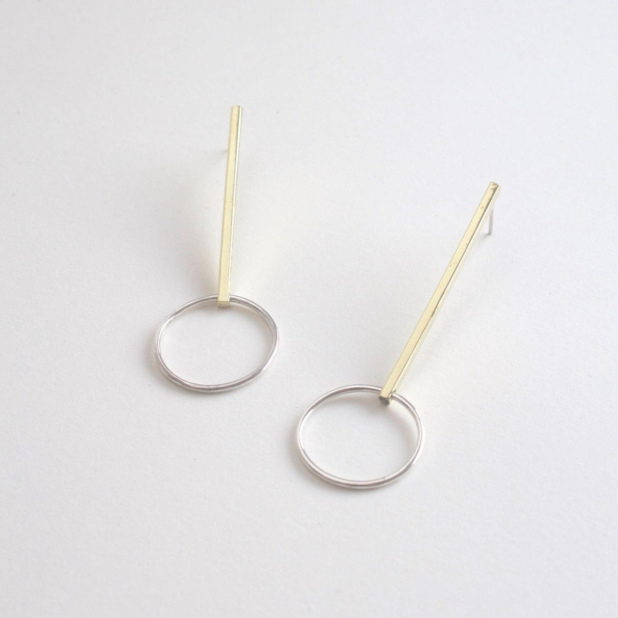 Long Bar Earrings in Brass with Sterling Silver Circles