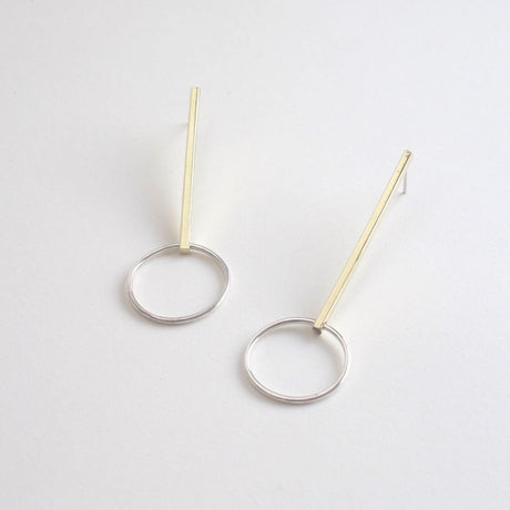 Long Bar Earrings in Brass with Sterling Silver Circles